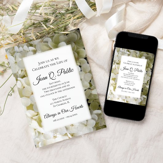 White Hydrangea Flowers Celebration of Life Kaart