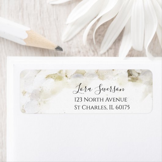 White Hydrangea Flowers Waterverf Label (Insitu)