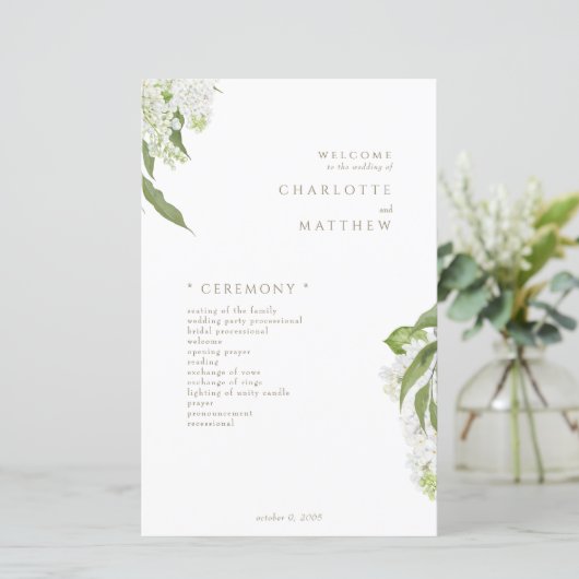 White Hydrangea Gold Text Wedding Programme (Debout devant)