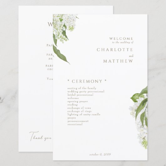 White Hydrangea Gold Text Wedding Programme (Devant / Derrière)