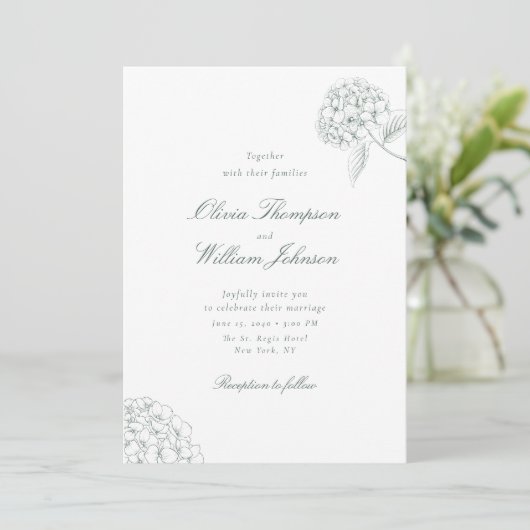 White Hydrangea Green Wedding Invitation (Debout devant)