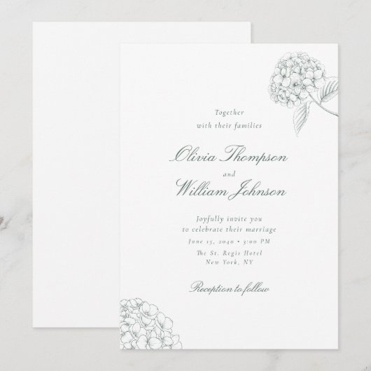 White Hydrangea Green Wedding Invitation (Devant / Derrière)
