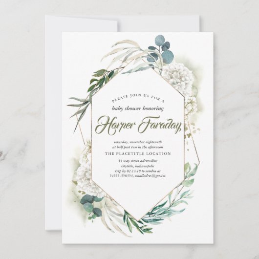 White Hydrangea Greenery Bébé douche Invitations (Devant)