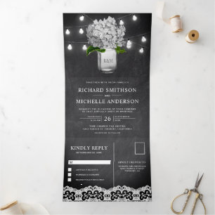 White Hydrangea Mason Jar String Lights Wedding Drieluik Uitnodiging
