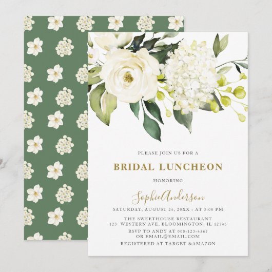 White Hydrangea Rozen BRIDAL LUNCHEON Kaart (Voorkant / Achterkant)