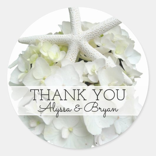 White Hydrangea Starfish Weddenschap Bedankt Ronde Sticker (Voorkant)