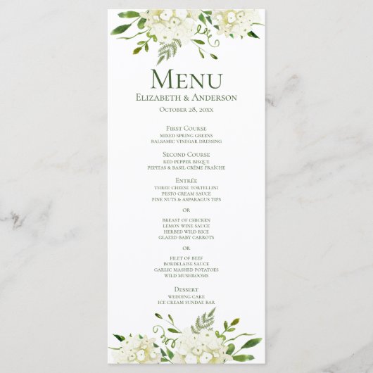 White Hydrangeas Floral Waterverf Wedding Menu (Voorkant)