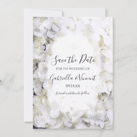White Hydrangeas Waterverf Wedding Save the Date (Voorkant)