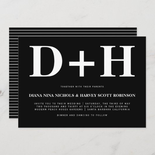 White initialen bold typografie zwarte bruiloft kaart (Voorkant / Achterkant)