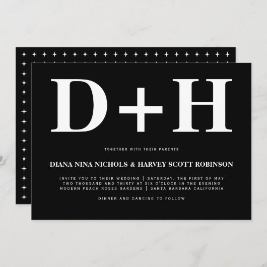 White initialen bold typografie zwarte bruiloft kaart (Voorkant / Achterkant)