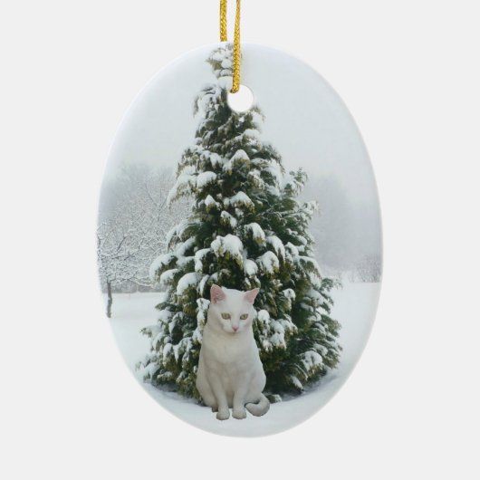 White Kat kerstversiering Keramisch Ornament (Achterkant)