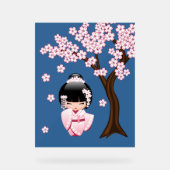 White Kimono Kokeshi Doll Cute Geisha Girl Blue Acryl Bord (Voorkant)