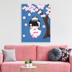 White Kimono Kokeshi Doll - Cute Geisha Girl Canvas Afdruk