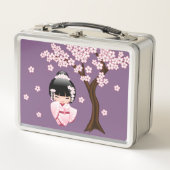 White Kimono Kokeshi Doll Cute Geisha Girl Paars (Voorkant)