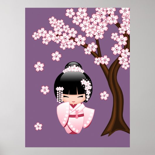White Kimono Kokeshi Doll - Cute Geisha Girl Poster (Voorkant)