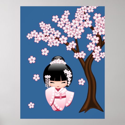White Kimono Kokeshi Doll - Cute Geisha Girl Poster (Voorkant)