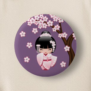 White Kimono Kokeshi Doll - Cute Geisha Girl Ronde Button 5,7 Cm