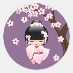 White Kimono Kokeshi Doll - Cute Geisha Girl Ronde Sticker
