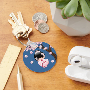 White Kimono Kokeshi Doll - Cute Geisha Girl Sleutelhanger