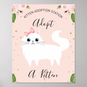 White Kitten Adoption Station Birthday Party Sign Poster