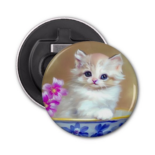 White Kitten Illustratie Button Flesopener (Voorkant)