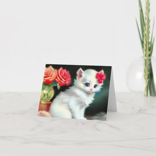 White Kitten Illustratie met Red Flowers (Voorkant)