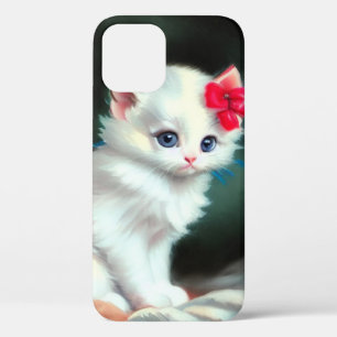 White Kitten Illustratie met Red Flowers iPhone 12 Hoesje