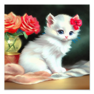 White Kitten Illustratie met Red Flowers Foto Afdruk