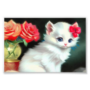 White Kitten Illustratie met Red Flowers Foto Afdruk