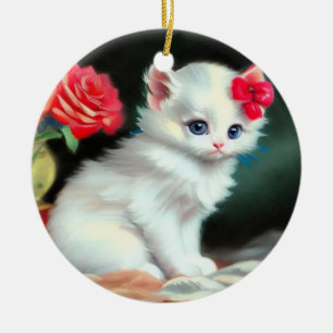 White Kitten Illustratie met Red Flowers Keramisch Ornament