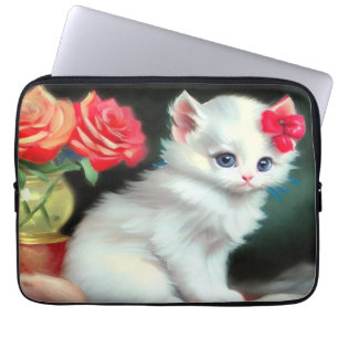 White Kitten Illustratie met Red Flowers Laptop Sleeve