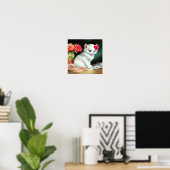  White Kitten Illustratie met Red Flowers Poster (Thuiskantoor)