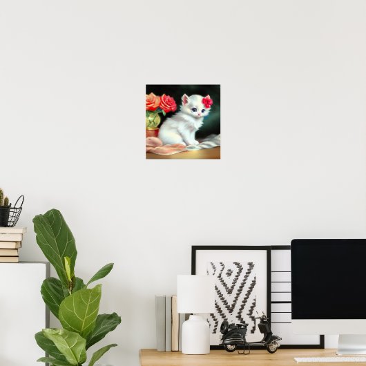  White Kitten Illustratie met Red Flowers Poster (Thuiskantoor)