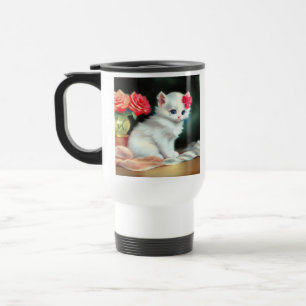 White Kitten Illustratie met Red Flowers Reisbeker