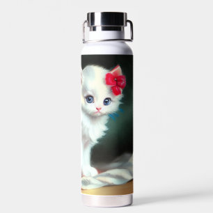 White Kitten Illustratie met Red Flowers Waterfles