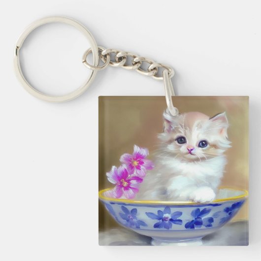  White Kitten Illustratie Sleutelhanger (voorkant)