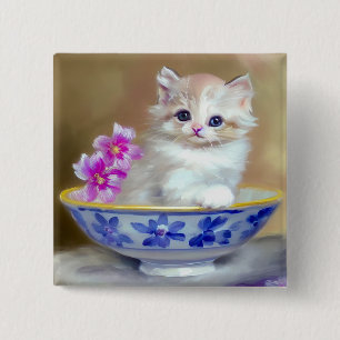 White Kitten Illustratie Vierkante Button 5,1 Cm