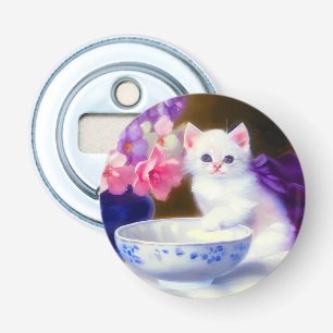  White Kitten met Paars lintje Button Flesopener