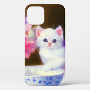 White Kitten met Paars lintje iPhone 12 Hoesje