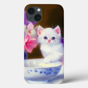  White Kitten met Paars lintje iPhone 13 Hoesje