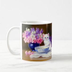  White Kitten met Paars lintje Koffiemok