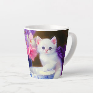  White Kitten met Paars lintje Latte Mok