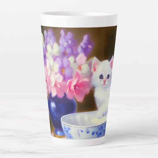 White Kitten met Paars lintje Latte Mok (Voorkant)