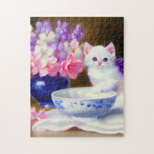 White Kitten met Paars lintje Legpuzzel