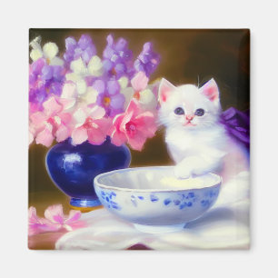  White Kitten met Paars lintje Magneet