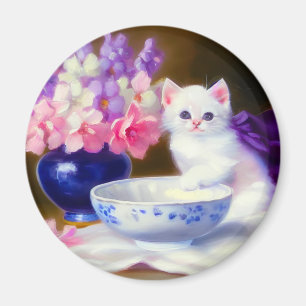  White Kitten met Paars lintje Magneet