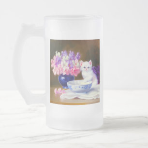  White Kitten met Paars lintje Matglas Bierpul