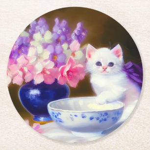 White Kitten met Paars lintje Ronde Kartonnen Onderzetter