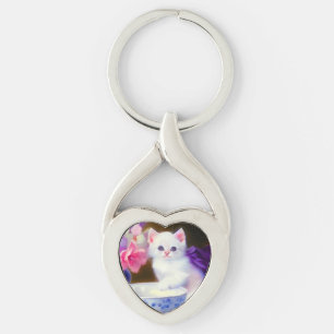  White Kitten met Paars lintje Sleutelhanger