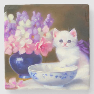 White Kitten met Paars lintje Stenen Onderzetter